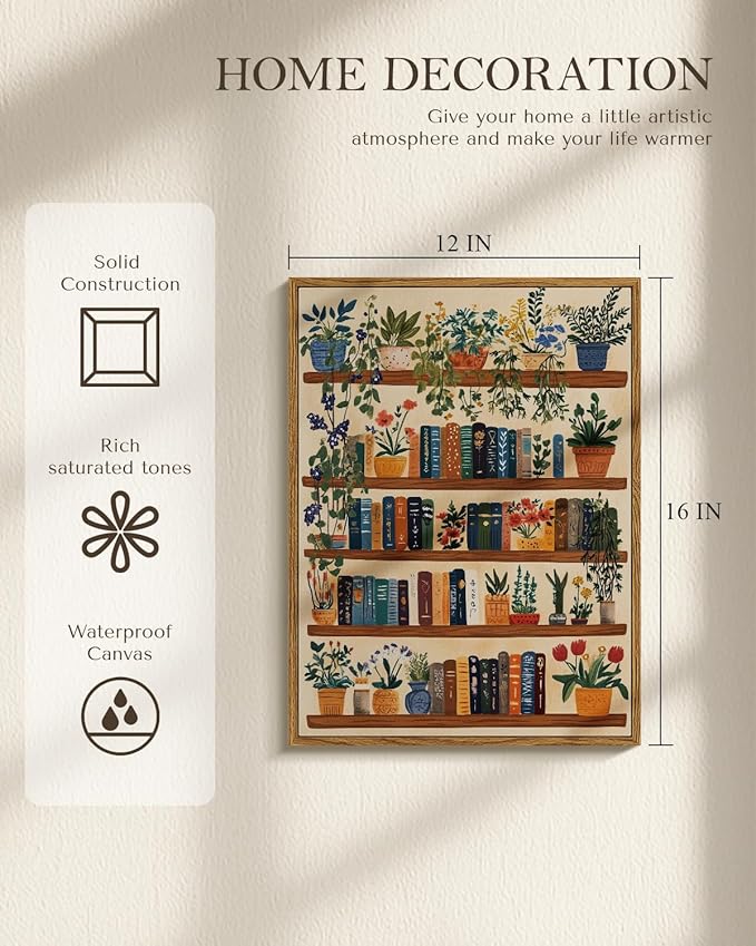 Vintage Botanical Book Shelf Framed Canvas Wall Art, 12x16 Colorful Plants Books Painting, Retro Library Reading Gift, Modern Home Décor for Living Room Study Office