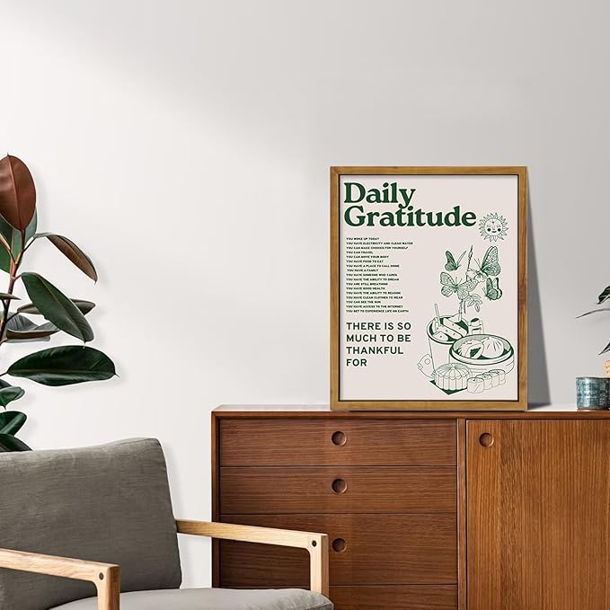 Framed Retro Poster for Room Aesthetic, Vintage Green Inspirational Quotes Canvas Wall Art, Daily Gratitude Posters for Room Aesthetic, Cute Sunflower Butterfly Retro Wall Decor for Bedroom,