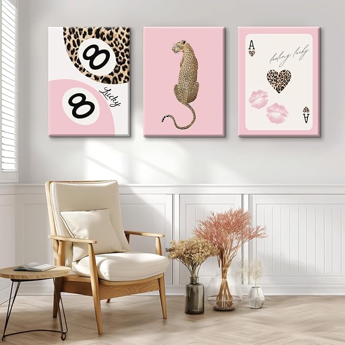Cheetah Trendy Wall Art Preppy Leopard Canvas Print Cheetah Room Wall Decor 8 Ball Poster Y2k Pink Coquette Luxury Print Lucky Aesthetic Fashion Pictures for Bedroom 16x24x3 Inch Wrapped Canvas