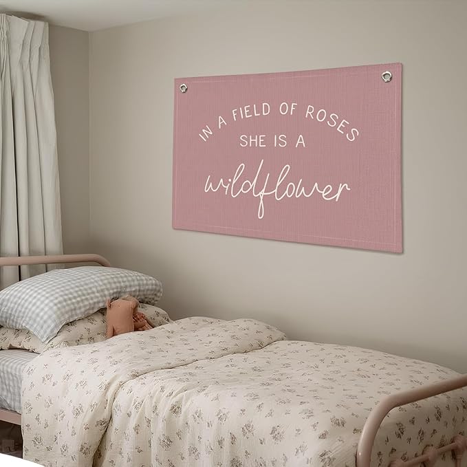 Girls Room Decor, Wildflower Nursery Decor, In a Field Full of Roses She Is a Wildflower Banner, Pink Linen Banner Flag Decor for Little Girl Baby Girl, Girls Room Wall Decor Canvas Banner