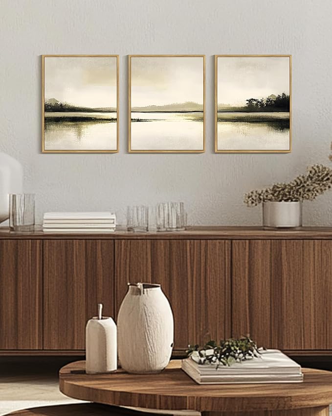 Drsoum Vintage Black Gray Abstract Laker Landscape Wall Art Framed Brown Tan Neutral Prints Minimalist Modern Rustic Artwork Bedroom Living Room Ready to Hang 11x14in Natural Framed