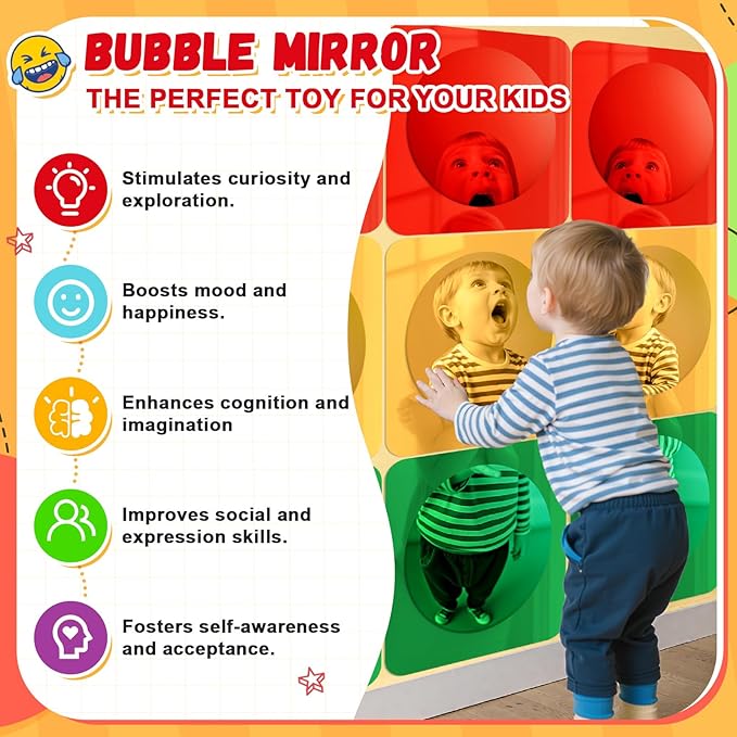 Geiserailie 9 Pcs Sensory Wall Mirror Acrylic Bubble Mirror Toys for Calming Corner Items - Sensory Room Have Visual, Tactile Stimulation (10 x 10 Inch,Red,Yellow,Green)