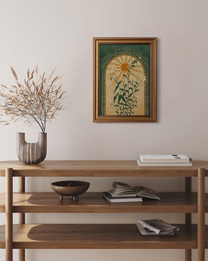 HUARCEY Gold Framed Canvas Wall Art, Sun Botanical Picture Decor, Living Room Bedroom Emerald Green Boho Art, Rustic Vintage Moody Mystical Folk Art Canvas Paintings, 12x16inch