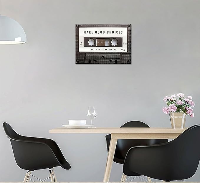Inspirational Office Canvas Wall Art Picture Vintage Cassett Tape Prints Make Good Choices Life Has No Rewind Inspiring Artwork Motivational Wall Decor for Office Bedroom Living Room 24x36in Framed