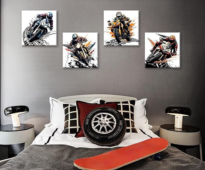 Motorcycle Wall Art Boys Room Decor Graffiti Motocross Posters Motorcycle Canvas Prints Pictures for Mens Cave Dirt Bike Lovers Bedroom Game Room Decoration Framed and Ready to Hang 12"×12" × 4 Pcs