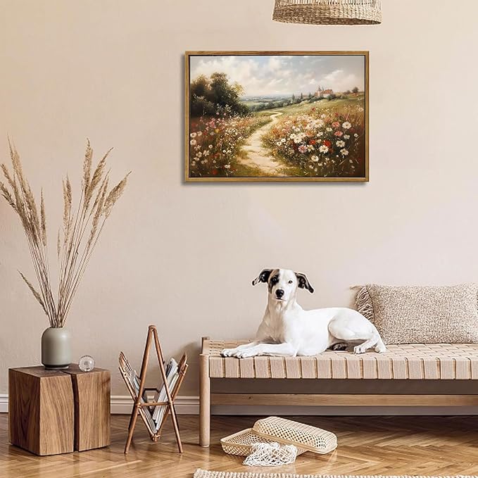 Framed Vintage Wildflower Landscape Canvas Wall Art Rustic Nature Flower painting Decor Pictures Farmhouse Nature Floral Posters Prints for Corridor Living Classroom Bedroom Decoration
