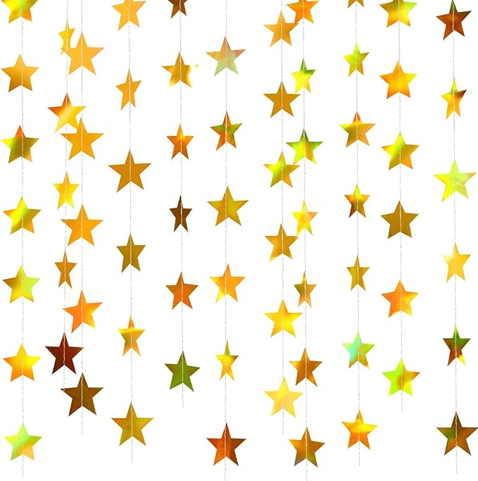 Patelai Glitter Star Garland Banner 2026 Graduation Decor 130 Feet Star Hanging Banner Twinkle Backdrop for Party Birthday Classroom Wedding Supplies(Iridescent Gold)