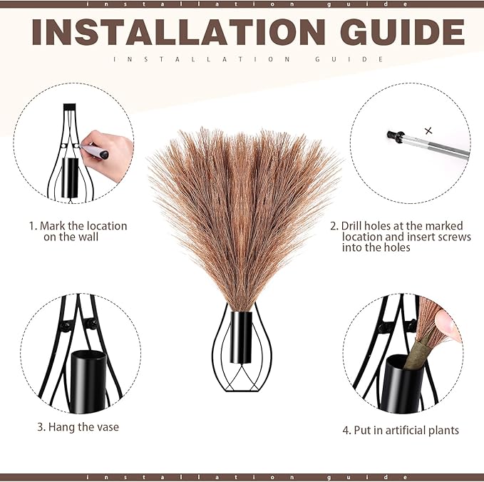 Otoolling 2 Pieces Hanging Plant Wall Decor with Artificial Pampas Grass Metal Hanging Vase Modern Geometric Farmhouse Bohemian Wall Art for Living Room Bedroom Kitchen Bathroom Office(Black, Brown)