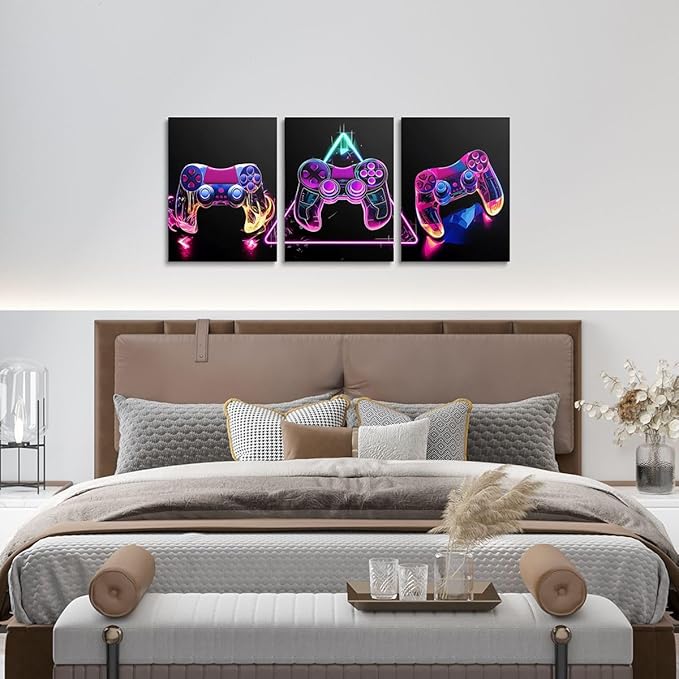 Feelyou Gamer Canvas Wall Art for Living Room 12" x 16" 3 Piece Game Controller Picture Wall Decor Gaming Gifts Bathroom Wall Art Gamepad Office Wall Decorations Artwork Posters Pink Wall Painting