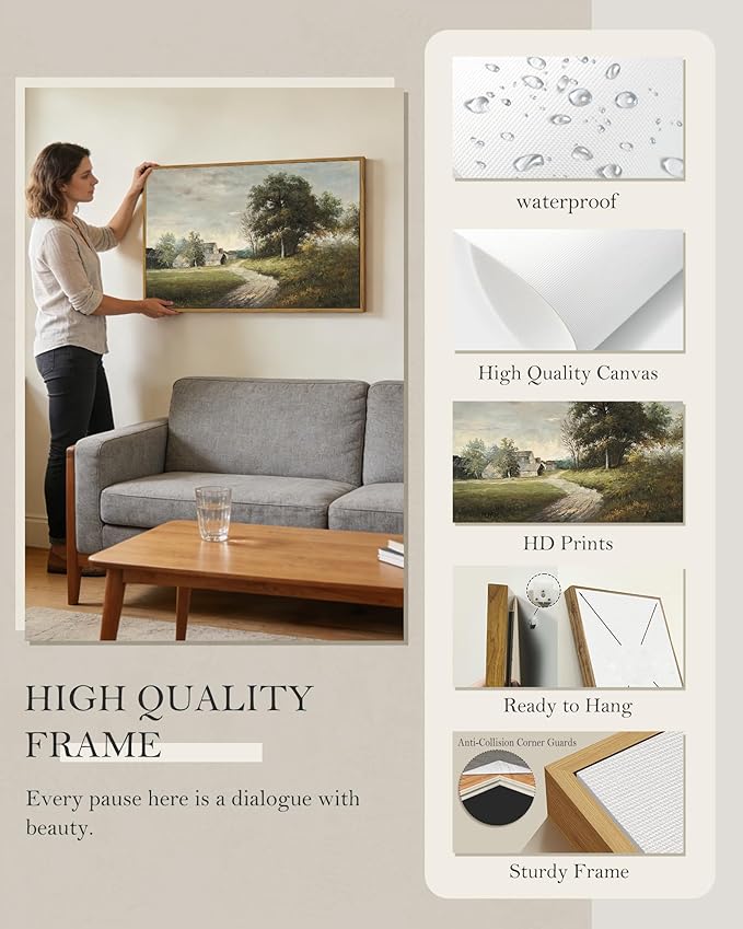 SHENIFY Vintage Landscape Framed Wall Art Rustic Cottage Countryside Farmhouse Decor Retro Painting for Hallway Living Room Bedroom Dining Room - 24x36in Natural Framed