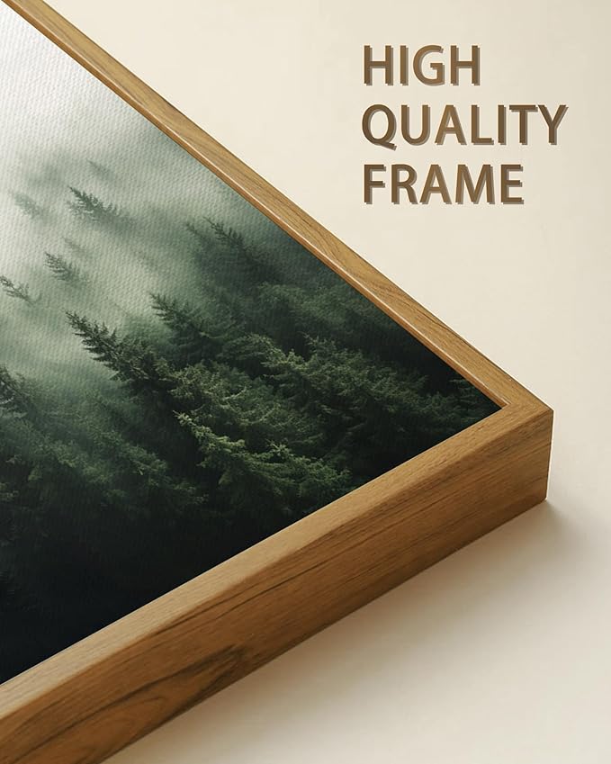 SHENIFY Green Fog Pine Tree Forest Vintage Framed Wall Art Modern Landscape Scenery Farmhouse Artwork Prints Decor for Kitchen Living Room Bedroom Bathroom - 11x14in Natural Framed