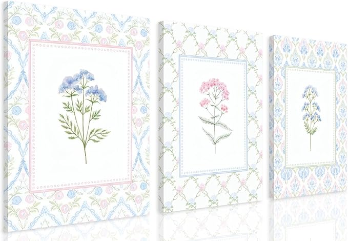 Wildflower Nursery Wall Art Decor Baby Girl Room Canvas Prints Pastel Floral Wall Art Botanical Flower Pictures Pink Blue Wildflower Painting Artwork for Baby Nursery, Kids Room, or Girls Bedroom, Boho Nursery Wall Decor16x24 Inch Framed