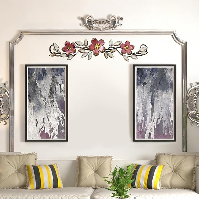 Wesiti Metal Flower Wall Decor Vintage Spring Metal Flower Wrought Iron Scroll Sculpture 15.7''x3.7'' Farmhouse Leaf Wall Decor with Nails for Spring Living Room Bedroom Indoor Outdoor (Pink)