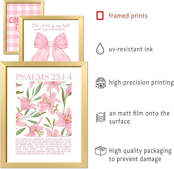 16 PCS Framed Christian Coquette Wall Art Decor, Pink Bow Bible Verses Wall Collage Kit Prints for Bedroom, Gallery Wall Frame Set, Jesus Posters for Living Room Aesthetic, Dorm Artwork for Girls Kids