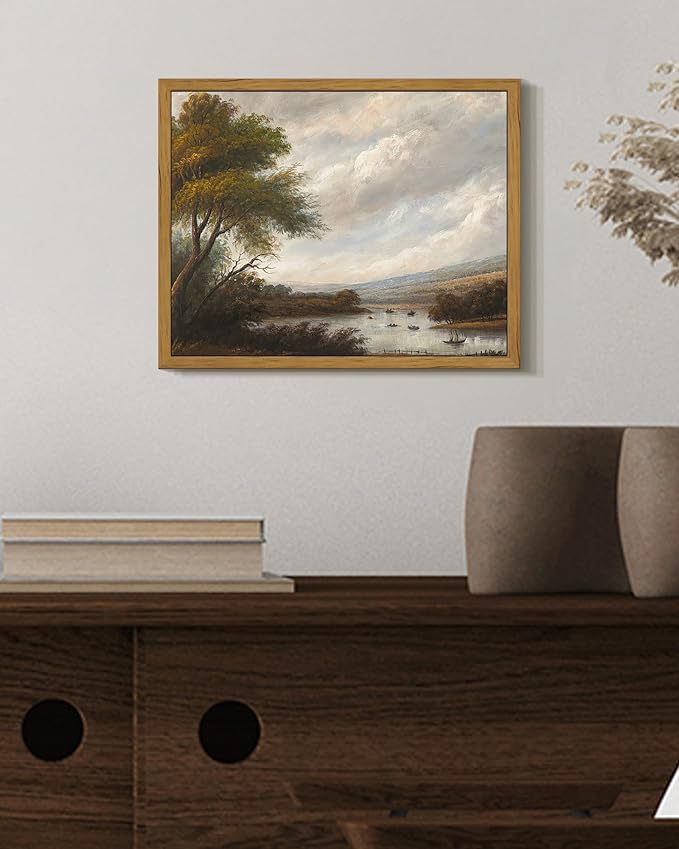 SHENIFY Vintage Landscape Framed Wall Art Riverside Scenery Farmhouse Decor Retro Boat Travel Painting for Kitchen Living Room Bedroom Bathroom - 8x10in Natural Framed