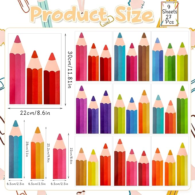 Colorful Pencils Wall Decals, 9 Sheet Color Pencils Wall Stickers Peel and Stick for Playroom Preschool Classroom Decorations