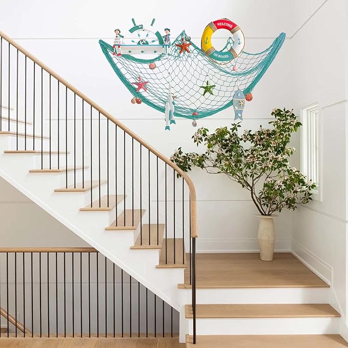 2 PCS Fish Net Decorations with Shells 80 x 40 Inch Ocean Themed Party Decor Beach Nautical Wall Hanging Fishing Net for Coastal Bedroom Bathroom or Under The Sea Party Decorations (Aqua-with Shells)