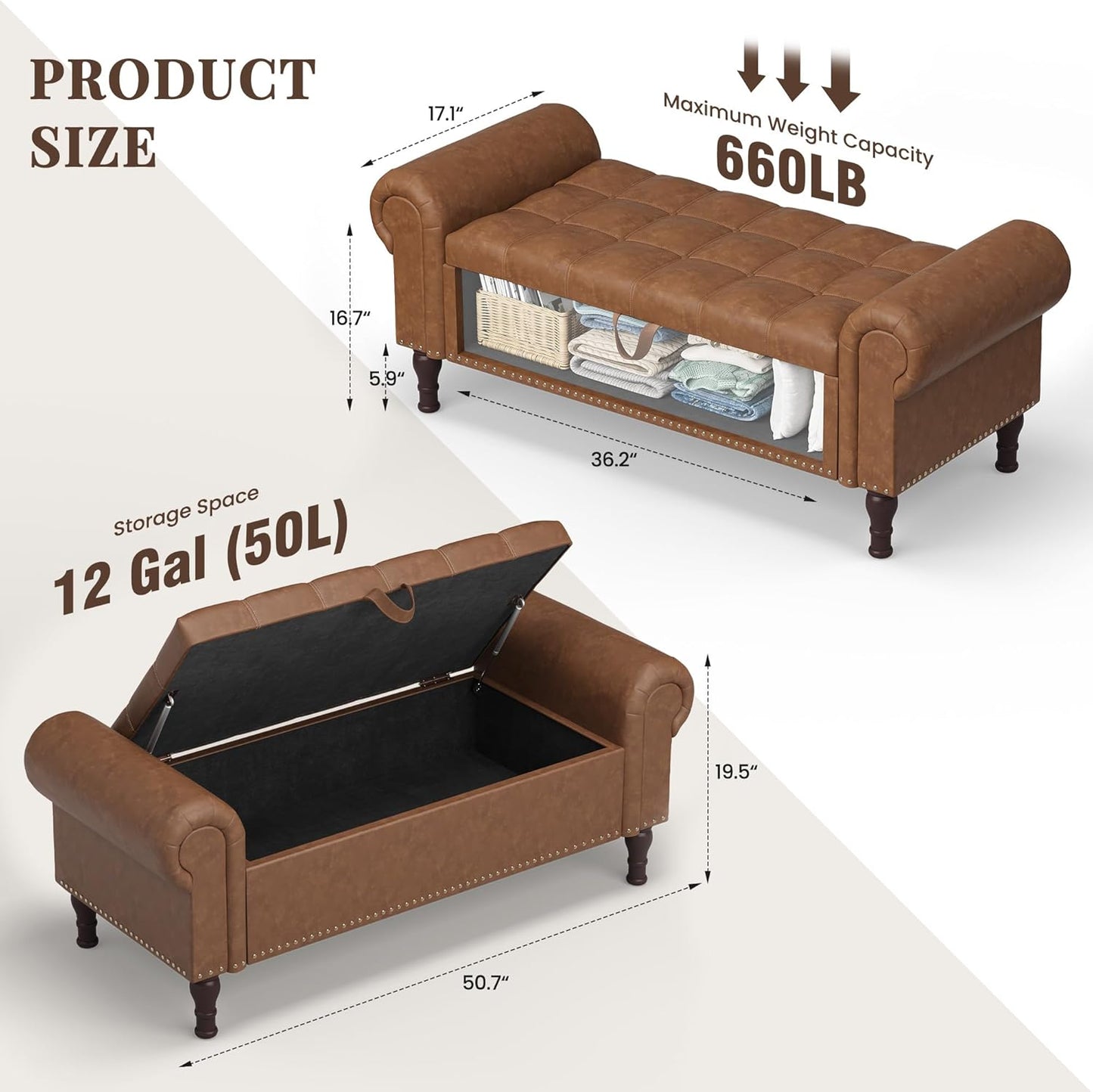 51" Storage Ottoman Bench for Bedroom, Full Queen Storage Bench with Button, Upholstered Bedroom Bench with Rolled Arms for Living Room, Storage Room, Entryway, Brown