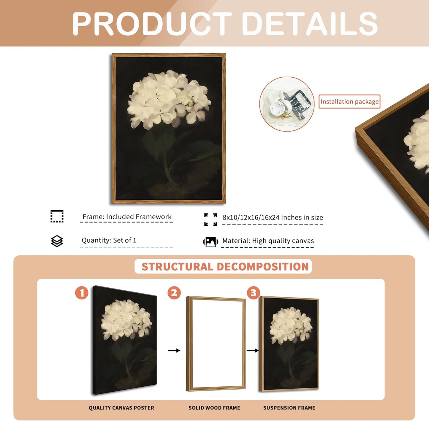 Framed Wall Art for Living Room – Vintage White Hydrangea Oil Painting Canvas Prints, Aesthetic Bedroom Wall Art, Kitchen Decor for Shelves, Bathroom Office Artwork Wall Decor – 8x10in