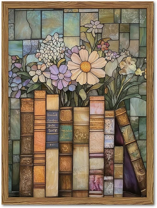 YYNISPIN Vintage Book Wildflower Wall Art Moody Stained Glass Book Lover Wall Decor Painting, Whimsical Reading Nook Library Poster Canvas Prints for Cottage Bedroom Living Room 12x16 inch Frame
