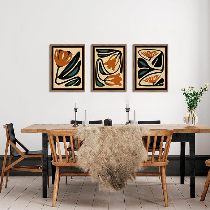Mid Century Floral Wall Art Set of 3, Modern Abstract Botanical Wall Decor Picture, Vintage Boho Eclectic Plant Canvas Prints Paintings for Bedroom Living Room 16x24 inch Framed