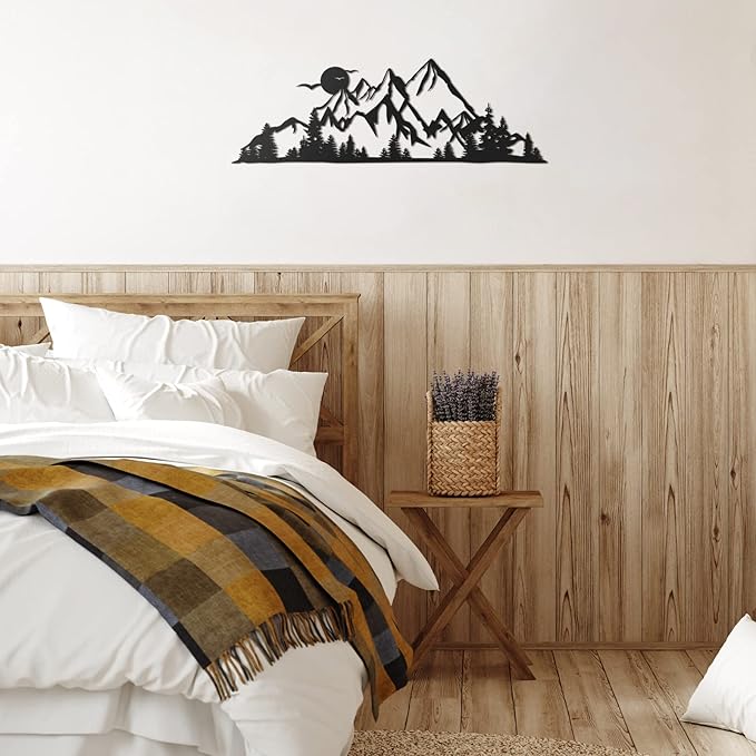 Demissle Mountain Range Metal Wall Art Decor Summit Rustic Wall Sign Forest Home Decor Sign Mountain Scene Art, 15.7 x 5.3 Inch(Black)