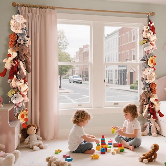 80" Cotton Hanging Storage Chain for Stuffed Animals Storage with 20 Metal Clips, Stuffed Animal Organizer Chain for Wall Corner Nursery Play Room, Grey