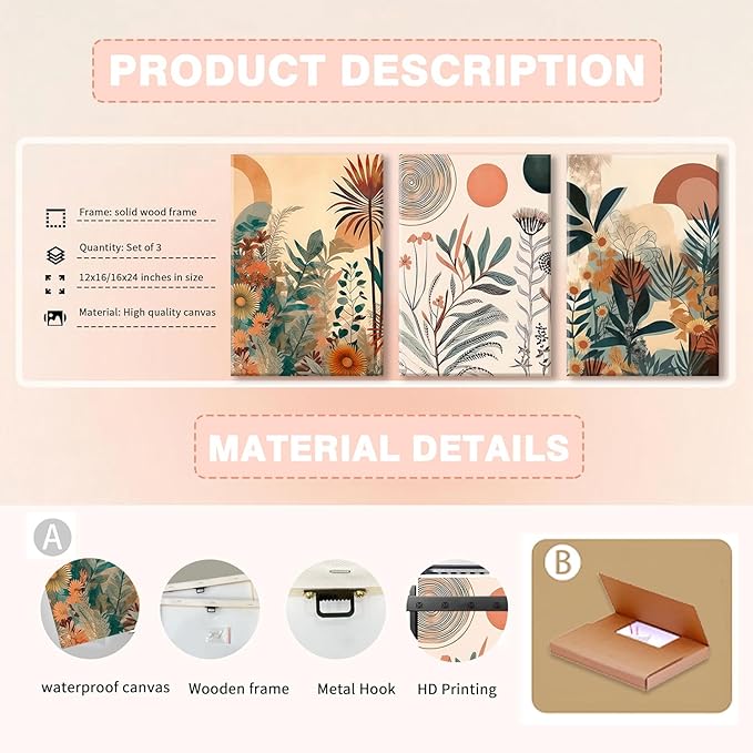 LYPHNX Framed Boho Burnt Orange Botanical Floral Canvas Wall Art Abstract Terracotta Jungle Poster Pictures Set of 3 Flower Prints Painting Home Decor for Bathroom Bedroom Living Room 16"x24"