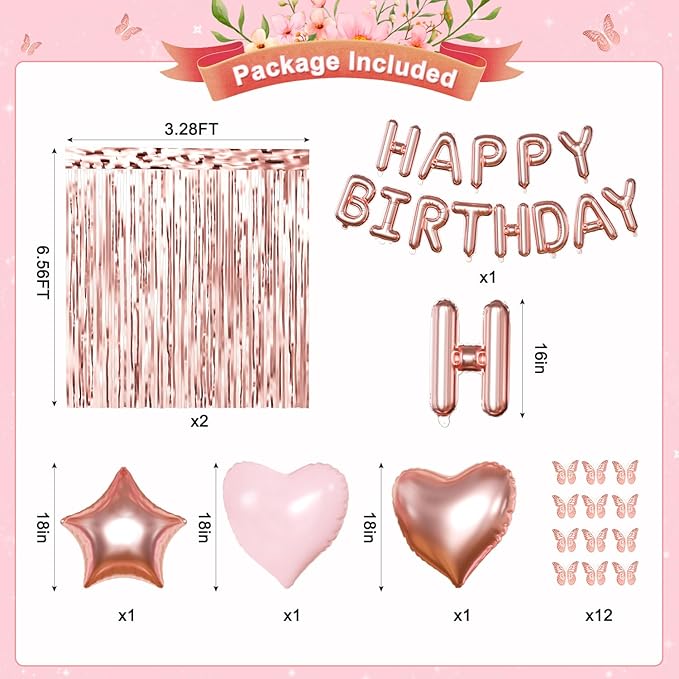 Rose Gold Birthday Decorations, Gold Pink Peach White Balloons Confetti Foil Balloons Happy Birthday Banner Butterfly Fringe Curtains birthday Decorations for Women Teens Girls