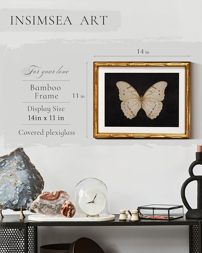 InSimSea Gold Bamboo Framed Canvas Wall Art, Retro White Butterfly Animal Paintings, Antique Vintage Picture Frame with Mat, Victorian Home Wall Decor for Living Room Bedroom Gallery, 11x14inch