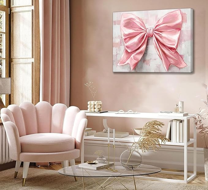 Pink Bow Canvas Wall Art Trendy Cute Preppy Watercolor Bow Painting Pictures Wall Decor Posters Prints Girly Aesthetic for College Apartment Bedroom Decoration