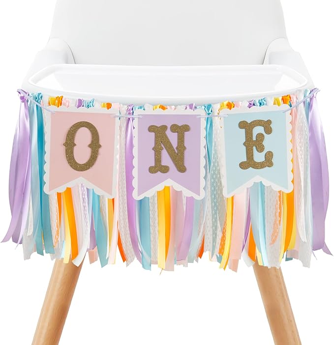 Rainbow High Chair Banner for 1st Birthday - Macaron Color "ONE" Garland with Tulle for Baby Girl Smash Cake Photo, First Birthday Party Decorations