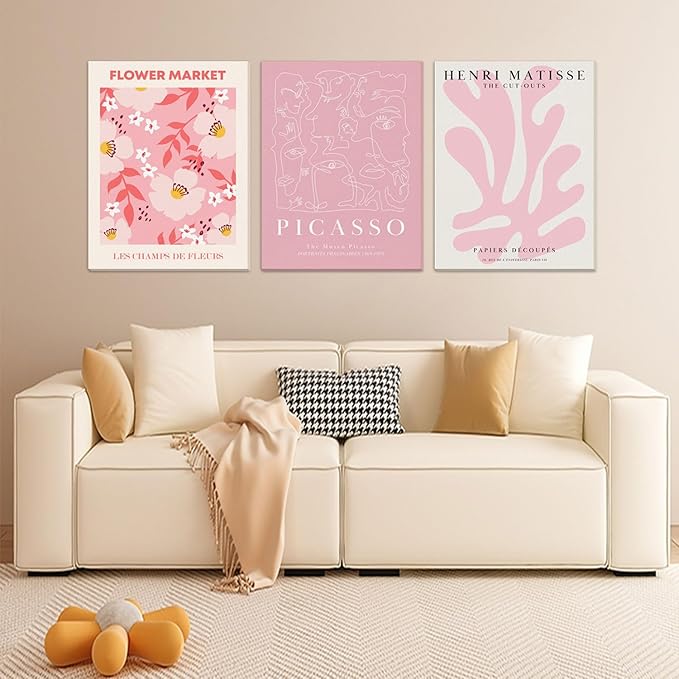 Djmwtb Matisse Picasso Pink Canvas Wall Art Framed Set of 3 Abstract Flower Market Prints Cute Posters Aesthetic Pictures Paintings Wall Decor for Girls Bedroom Dorm Apartment Living Room 12x16in