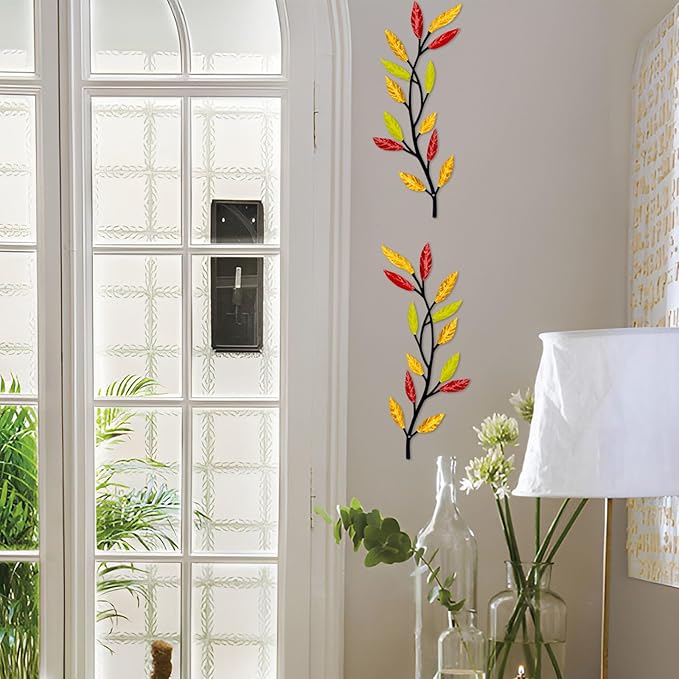 AHYS Metal Tree Leaf Wall Decor 2 PCS Rustic Vine Branch Leaf Wall Art for Living Room Bedroom Bathroom Decorations - Multi-color