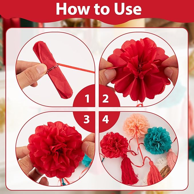 Tissue Paper Pompom Garland with Cotton Tassels, 2 Pcs Christmas Garland for Mantel, Window, Staircase, Holiday Party Decorations, Christmas Hanging Decorations, Green Red Pink Pompom