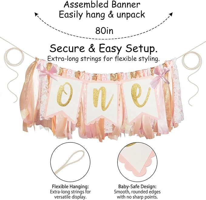 Pre - strung Pink Highchair Banner - 1st One Birthday Highchair Banner for Princess Girls ONE Baby Shower Room Party Decor