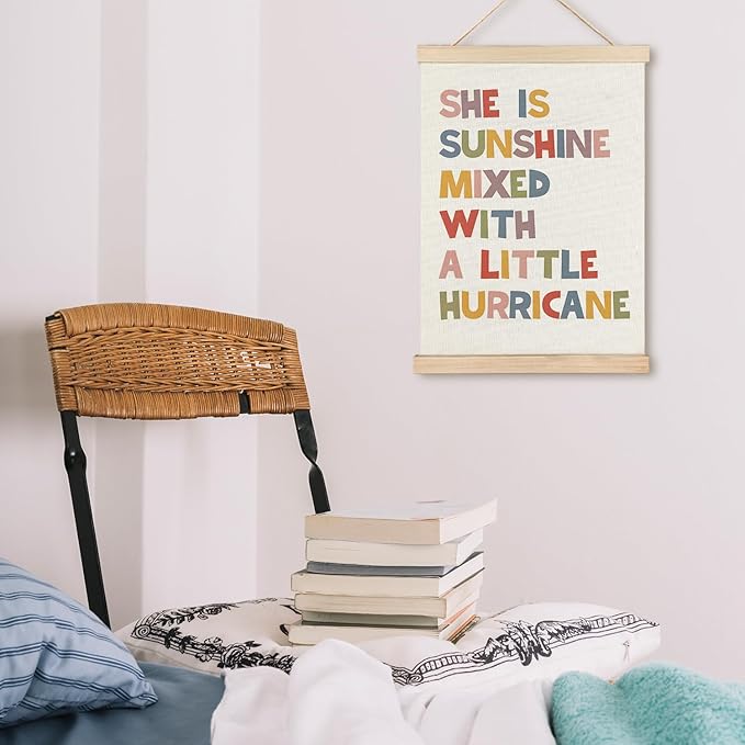 LZYRF Inspirational Wall Decor for Girls Room, She is Sunshine Mixed with a Little Hurricane Positive Quote Canvas Prints Wall Decor for Girls Kids Room Nursery Playroom 12x16 Inch