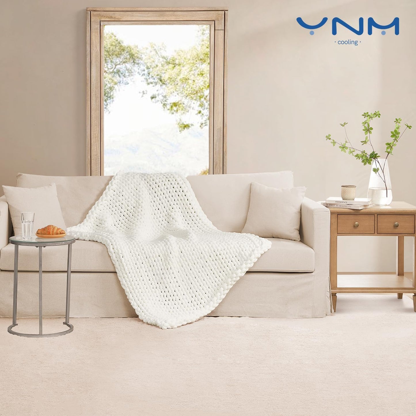 YnM Cooling Chunky Throw Blanket, Medium-Weight, Hand Knitted, Skin Friendly, Ventilated and Breathable, Machine Washable, Home Décor Piece for Couch, Sofa and Bed (White, 50x70 Inch)