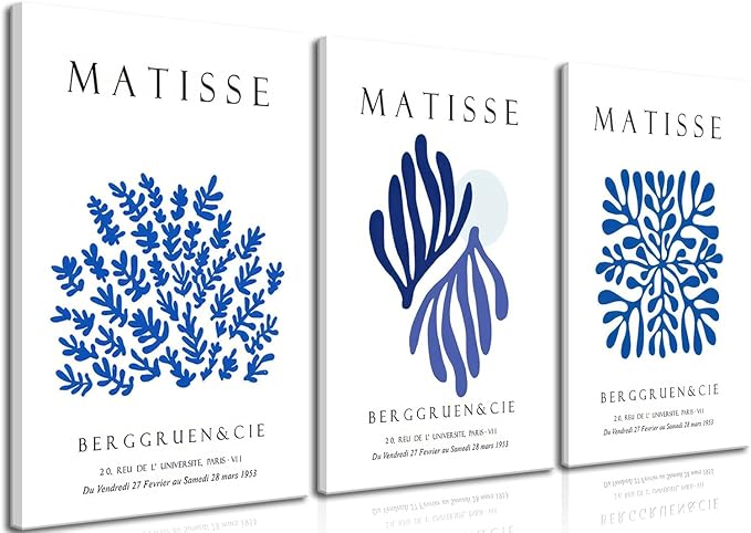 Djmwtb 3 Piece Canvas Wall Art Navy Blue Wall Decor Matisse Prints Abstract Paintings Pictures for Bedroom Bathroom Living Room Artwork 12x16in Framed
