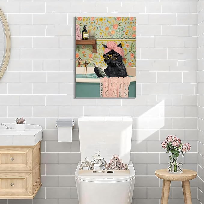 Yaneiro Funny Black Cat Bathroom Canvas Bathroom Wall Art Framed Cute Cat Prints Pictures Posters Wall Decor for Living Room Bedroom Toilet Kids Room Wall Paintings 16x24 in