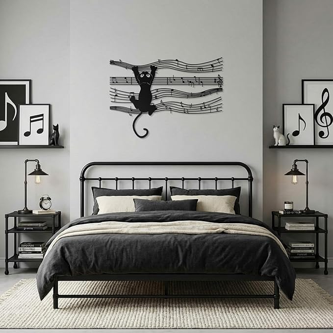 Otoolling Cat Playing Music Wall Decor Metal Black Cat Wall Art Hanging Signs Home Decor for Living Room Bedroom Bathroom Office Cats Lover Gifts (Cartoon,10.04 x 13.78 in)