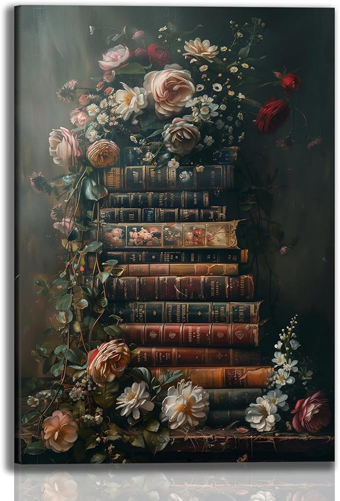 Framed Vintage Floral Wall Art Moody Flowers Books Art Painting Dark Wildflowers Academia Gallery Picture Print Wall Decor Rustic Country Canvas Decor for Living Room Office 16X24In