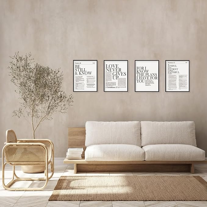 Locomiss Black and White Christian Wall Art Decor, Modern Bible Verse Prints, Minimalist Jesus Scripture Wall Decor, Inspirational Bible Posters for Bedroom Office Living Room, Set of 4 (12x16 Unframed)