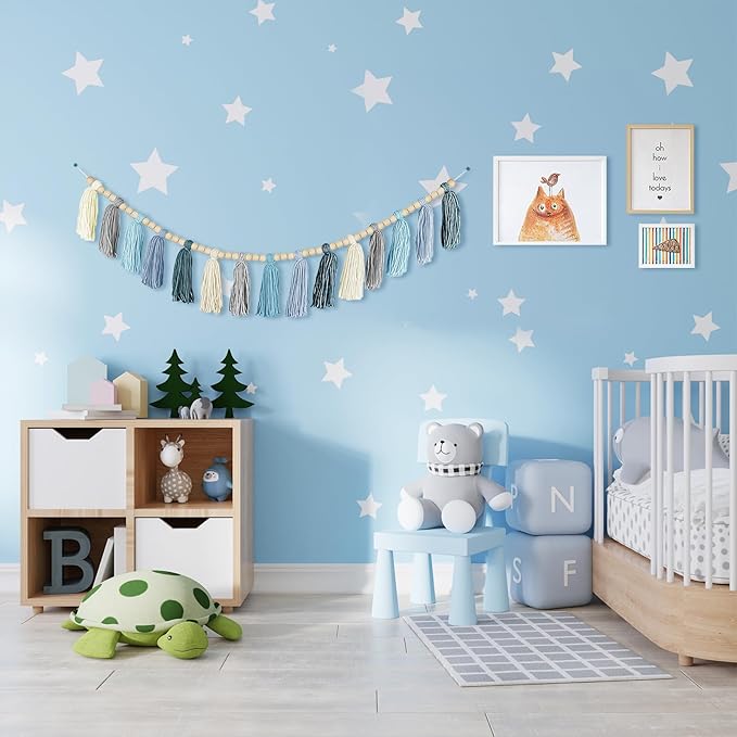Boho Yarn Tassel Garland - Handmade Wall Hanging Decor for Nursery, Baby Shower, Kids Room, Classroom, Birthday Party | Macrame Tassels Bunting Banner for Bedroom, Office, Home Decoration (Sky Blue)