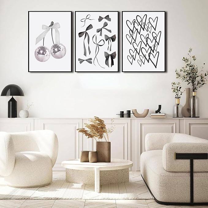 3pcs Black and White Trendy Preppy Wall Art Bows Disco Ball Many Heart Girly Coquette Room Wall Pictures Painting Minimalist Canvas Poster Prints for Girls Bedroom College Dorm Decor 12x16in