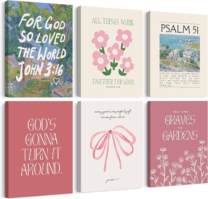 Christian Wall Art Coquette Aesthetic Decor Poster Pink Bow Canvas Wall Art Bible Verse Scripture Poster Religious Floral Prints Picture Christian Artwork for Living Room Bedroom 12x16x6 Ready to Hang
