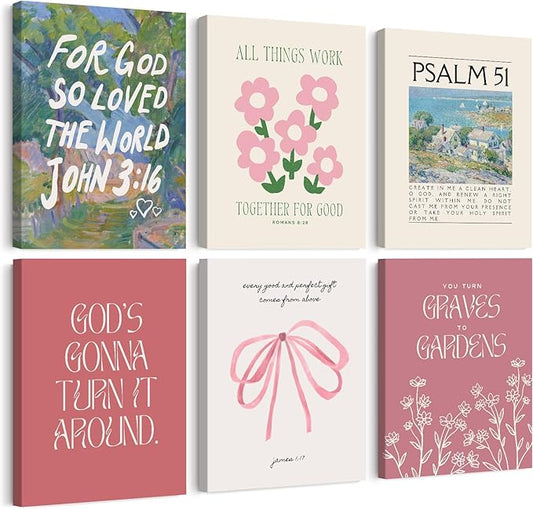 Christian Wall Art Coquette Aesthetic Decor Poster Pink Bow Canvas Wall Art Bible Verse Scripture Poster Religious Floral Prints Picture Christian Artwork for Living Room Bedroom 12x16x6 Ready to Hang