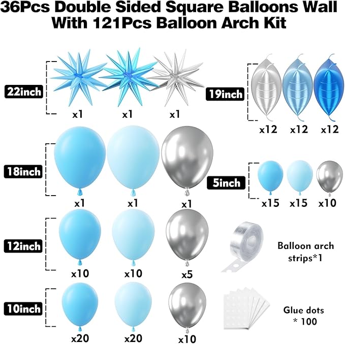 36pcs Blue and Silver Square Foil Balloons Wall Backdrop with 121pcs Balloon Garland Arch Kit, Double Sided Balloons for Birthday Bridal Shower Anniversary New Year Graduation Party Decorations