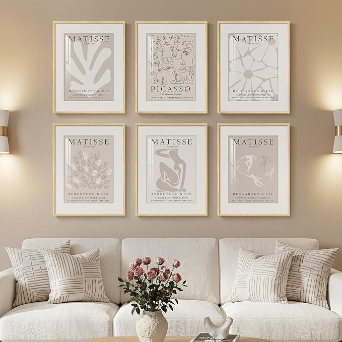 Framed Neutral Abstract Wall Art, 6 Piece Modern Matisse Prints Artwork for Walls, Minimalist Beige Matisse Pictures for Living Room, Bedroom, Dining Room, Lounge, Bathroom Wall Decor 11x14 In