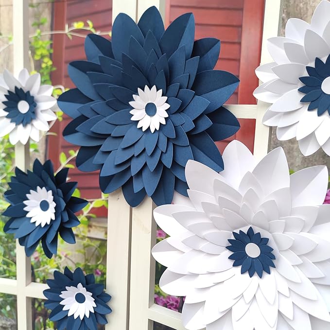 Navy Blue and White Paper Flowers for Baby Boy Shower Nautical Wedding & Bridal Shower Birthday Bachelorette Navy Blue Anniversary Party Decorations 12"-5" Pack of 6